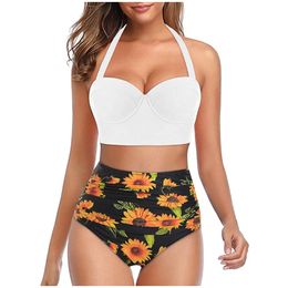 Sunflower High Waist Women Swimwear Bikinis Set Two Piece Swimsuit Lady Bathing Suit Biquini Swimwear Beach Wear Tankinis