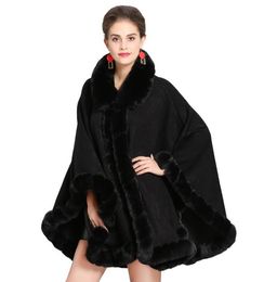 Europe Autumn Winter Women's Cape Cloak Coat Faux Fur Collar Outwear Loose Tops Lady's Cardigan Poncho Coat C3911