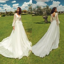 hot sell boho a line wedding dresses vneck long sleeve lace apliques beach wedding gown custom made backless ruffles robes de mariel