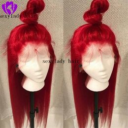 Natural Long Silky Straight Neon Red Color Heat Resistant Synthetic Lace Front Wigs Cosplay Party Makeup Wigs