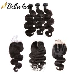 unprocessed brazilian virgin human hair wefts with closures 3pcs1pc lace closures hair extensions body wave double weft bellahair