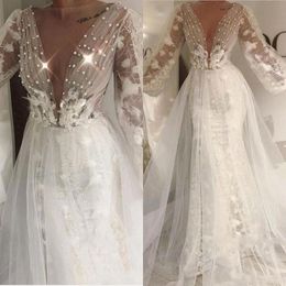 Poet Long Sleeves Lace Wedding Dresses Sheer Neckline Deep V Neck Overskirts Wedding Dress Beads Pearls Country Bridal Gowns