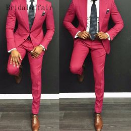 Custom Made Groomsmen Hot Pink Groom Tuxedos Peak Lapel Men Suits Wedding Best Man Bridegroom Blazer (Jacket + Pants + Tie) L296