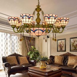 Tiffany Style Chandelier Baroque Stained Glass lamp blue white plaid pendant light ceiling Hanging Lights for Living Room Bedroom