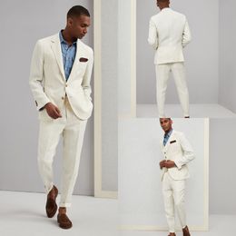 Ivory White Pinstripe Groom Tuxedos Mens Wedding Peaked Lapel Pants Suits Best Men Jacket Blazer Prom/Dinner 2 Pieces (Jacket+Pants)