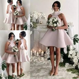 Spring Summer Short Halter Bridesmaids Dresses Cheap Satin Halter Backless Short Wedding Party Dress Big Bow Back Maid Of Honour Gowns