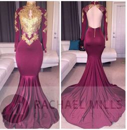 New Burgundy Long Sleeve Gold Lace Prom Dresses Real Image Mermaid Satin Applique Beaded High Neck Backless Court Train Prom Gowns