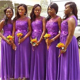 Purple Lace Bridesmaid Dresses Long O-Neck Lace Up A-Line Chiffon Wedding Guest Dress Maid Of Honour Gowns Party Gowns