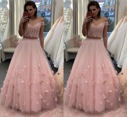 3d Floral Flowers Embroidered Prom Dresses 2019 Pink 2 Piece Beads Sequin Off The Shoulder Party Dress Evening Gowns Graduation Dress Long