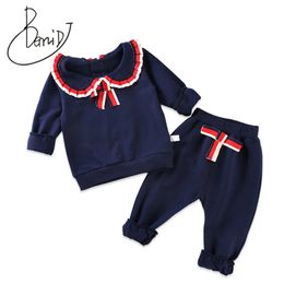 2019 New Cute Baby Girl Clothing Set Fashion Cotton Wear Long Sleeve Suit Kids Girl Folding lace 1-4Y Solid Pullover pants Sets T191226
