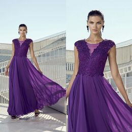 Cheap Purple Mother Of The Bride Dresses Lace Appliqued Sheer Neck Evening Gown Chiffon Floor Length Prom Dresses