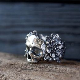 EYHIMD Gothic Mexican Flower Sugar Skull Rings Women Silver Stainless Steel Punk Flowers Ring Jewelry