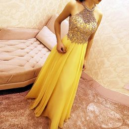2020 Beaded Halter Chiffon Formal Dresses Robe Soiree Sleeveless Open Back Sequins Long Prom Dress Evening Gowns