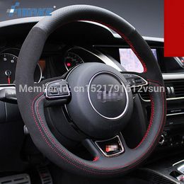 For Audi A5 High Quality Hand-stitched Anti-Slip Black Leather Suede Red Thread DIY Steering Wheel Cover