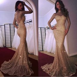 Gorgeous Mermaid Prom Dresses High Neck Long Sleeves Sequined Formal Evening Gowns Floor Length African Party Gowns Plus Size