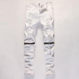 Jeans da uomo con cerniera alla caviglia Jeans slim dritti con buco strappato Pantaloni da jogging skinny bianchi neri rossi Pantaloni firmati maschili