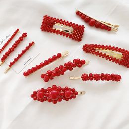 Fashion Red Pearl Hair Clip for Women Elegant Korean Design Snap Barrette Stick Hairpin Hair Styling Accessories