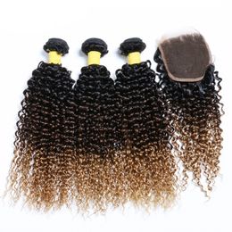 kinky curly hair for weaving Canada - #T 1B 4 27 Kinky Curly Remy Human Hair Wefts 3 Weaving Bundles With 4x4 Lace Closure