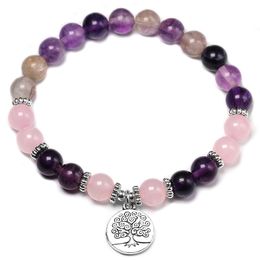Natural Purple Fluorite Yoga Bracelet Fashion Girl`s Rose Quartz Chakra Jewelry Cleansing Healing Crystals Bracelet Wrist Gift