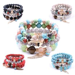 New Bohemian Fashion Stretch Bead Multilayer Bracelets With Angel Wing Crown Anchor Gift for Women