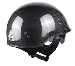Voss 888CF Genuine Carbon Fibre DOT Half Helmet with Drop Down Sun Lens and Metal Quick Release - S - Gloss Carbon270G