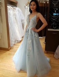 Light Sky Blue Beaded Lace Prom Dresses Plunging Neck A Line Appliqued Formal Dress Floor Length Tulle Plus Size Evening Gowns