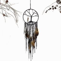 Dream Catcher Black Tree of Life Dreamcatcher Feather Tassels Wind Chimes Wall Hanging Pendant Home Decoration diameter 20cm
