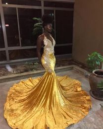 Black Girls Yellow Mermaid Evening Dresses Deep V Halter Neck Veet Lace Backless Special Ocn Dress Formal Dress Evening Gowns eet