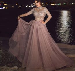 Luxury Beaded Sequin Evening Dress 2020 Saudi Arabia Dirty Pink Tulle Long Sleeves High Neck Prom Dresses Vestidos de fiesta