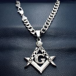 Men White gold Tone stainless steel Freemasonry Masonic Mason Pendant Free chain necklace N242-361