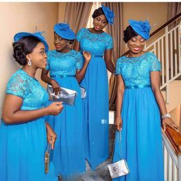 New Nigerian African Bridesmaid Dresses Blue Lace Short Sleeves Plus Size Wedding Guest Special Occasion Dress Long Maid Of Honour 2018 Cheap