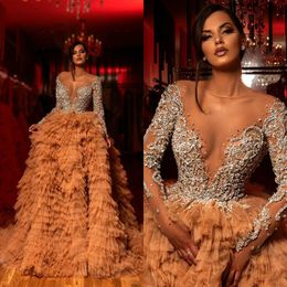 2020 Arabic Beaded Evening Dresses Sheer Jewel Neck Luxury Crystal Tiered Skirts Long Sleeve Prom Dress Sweep Train A Line Party Gowns