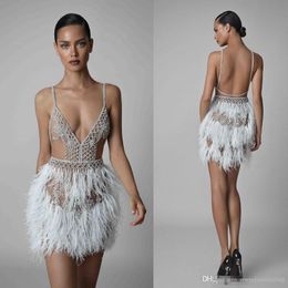 Berta 2020 Feather Cocktail Dresses Sexy Short Spaghetti V Neck Backless Beaded Prom Gowns Illusion Formal Evening Dress