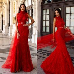Oksana Mukha 2019 Evening Dresses High Neck Sleeveless Lace Beads Feather Runway A Line Prom Dress with Detachable Train Formal Party Gowns