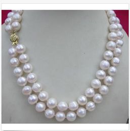 Double strands 11-12mm natural south sea white pearl necklace 19" 14K GOLD CLASP