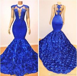 Royal Blue Cap Sleeves Lace Mermaid Long Prom Dress 2020 Tulle Lace Applique Beaded 3D Floral Sweep Train Formal Party Evening Gowns BC1059
