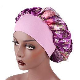 Floral Prints Nightcap Wide Side Satin Sleeping Cap Beanie Hat With Soft Elastic Band Hair Care Accessories 10pcs