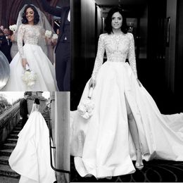 boho white wedding dresses bateau neck long sleeves lace bridal gowns front split backless princess beach wedding dress cheap