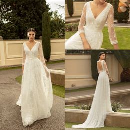 bohemian wedding dresses v neck lace apliques a line 3 4 long sleeve beach wedding dress custom made backless robes de marie