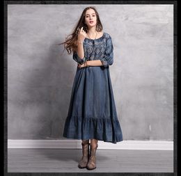 Spring dress style ruffled large demin loose comfortable denim skirt embroidery sleeve dresses plus size 2021