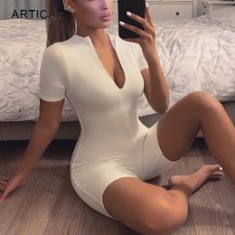 Women's Jumpsuits & Rompers Black Zipper Bodycon Bodysuit Women Short Sleeve Summer Womens Jumpsuit White Casual Skinny Playsuit Overalls