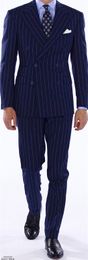 Double-Breasted Groomsmen Peak Lapel Groom Tuxedos Blue with Stripe Men Suits Wedding/Prom/Dinner Best Man Blazer ( Jacket+Pants+Tie) B598