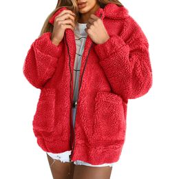 Fashion- Winter Women Faux Fur Solid Colour Jacket Fluffy Teddy Bear Fleece Zipper Pockets Long Sleeve Furry Coat Casual Street Wear