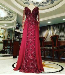 Modest Dark Red Dresses Evening Wear A-Line Beaded Long Evening Formal Gowns Plunging Neckline Lace Appliqued Sweep Train Mother Dress 4059