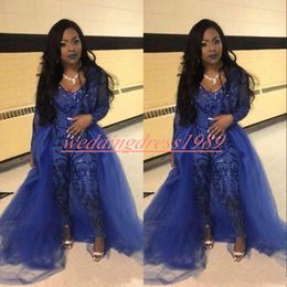 Trendy Jumpsuit Prom Dresses Pants Overskirt Long Sleeve Royal Blue Sequins Party Evening Gowns Robe De Soiree Celebrity Special O273e