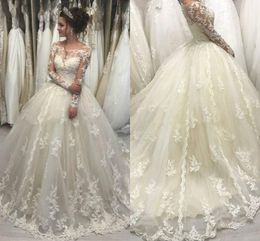 Arabic Aso Ebi Ball Gown Wedding Dresses Lace Appliqued Sheer Long Sleeves Scoop Neck Vintage Bridal Gowns Covered Buttons Back Vestidos De Novia Bride Robes AL4225