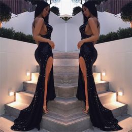 black Backless 2019 Prom Dresses Mermaid Spaghetti Straps Sequins Slit Sexy Party Maxys Long Prom Gown Evening Dresses Robe De Soiree