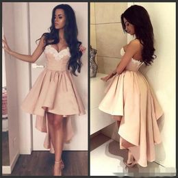 2019 Simple Blush Pink Prom Dresses Short Mini High Low White Lace Applique Sweetheart Neckline Pleats Cocktail Evening Party Gown