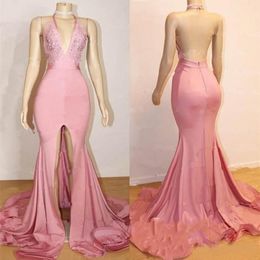 Sexy Halter Neck Mermaid Pink Prom Dresses Backless Sleeveless A-Line Front Split Popular Party Dresses Formal Evening Wear