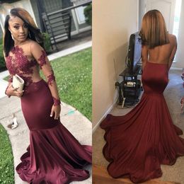 African Black Girls Prom Dress Burgundy Long Sleeves Lace Appliques Evening Party Gowns Custom Made Formal Dress